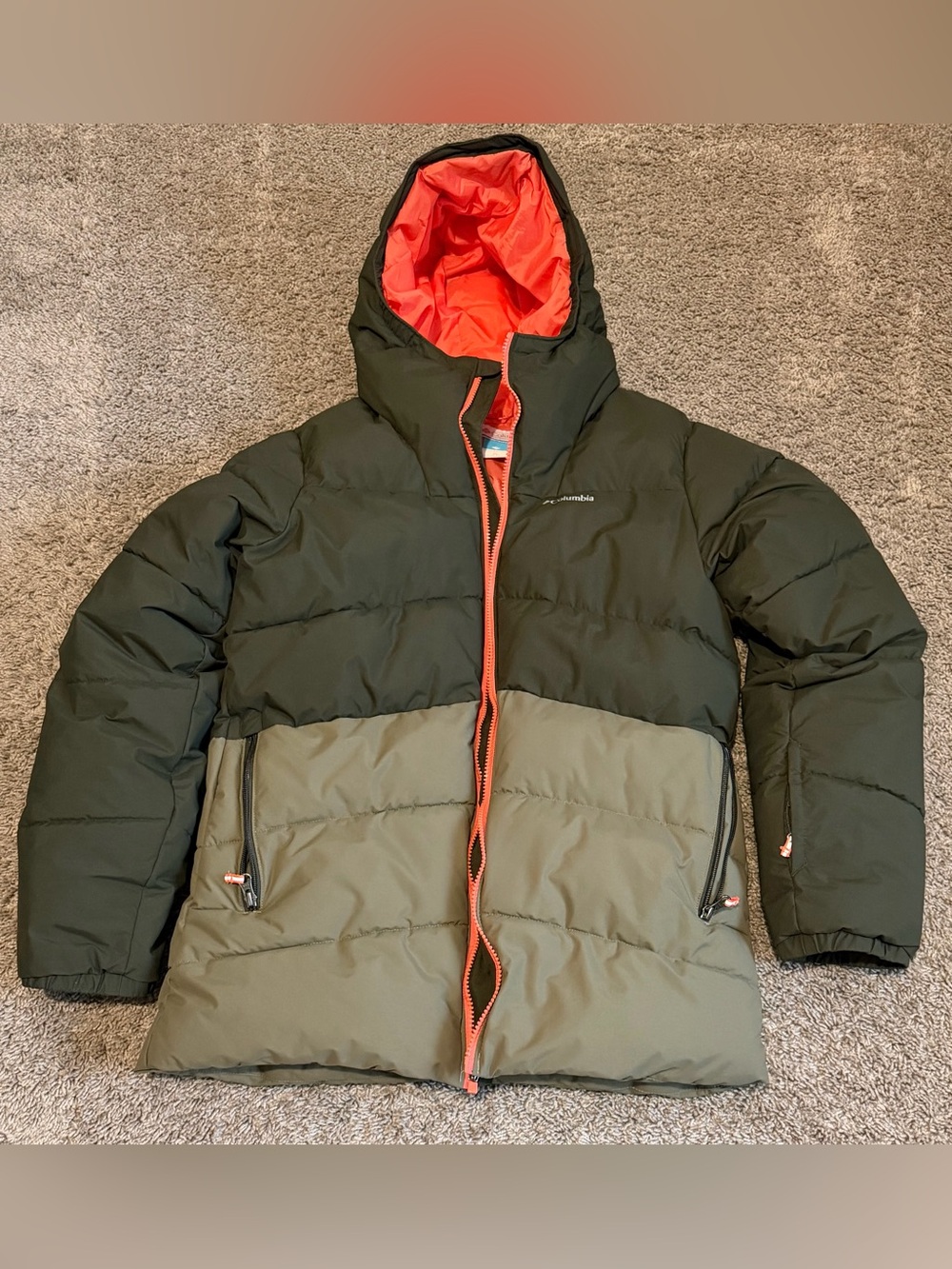 Columbia Kids Olive & Light Olive Hooded Puffer with Bright Orange Lining